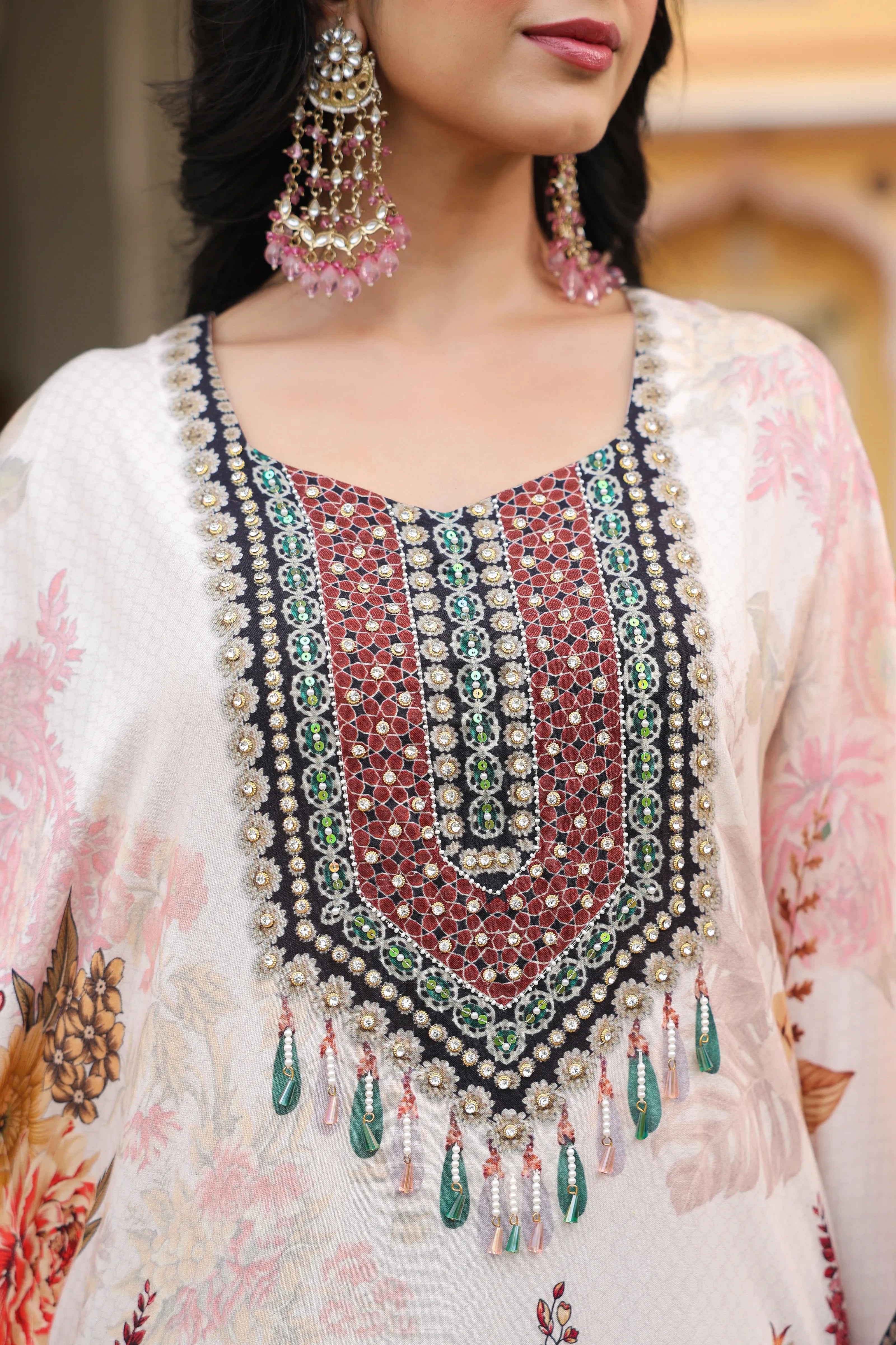 Offwhite Base Floral & Beaded Kaftan Co-ord Set