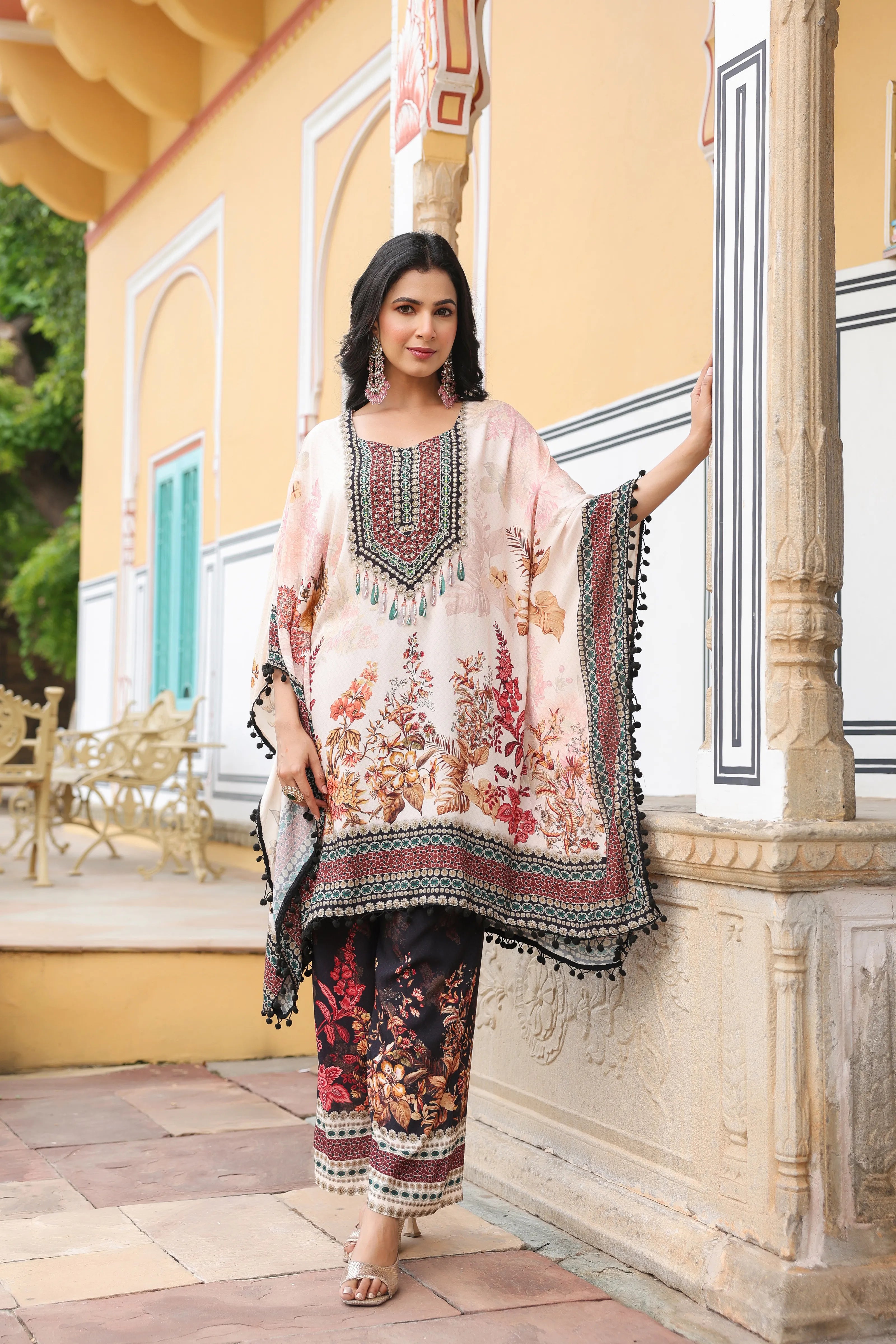 Offwhite Base Floral & Beaded Kaftan Co-ord Set