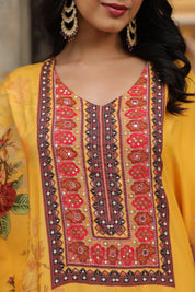 Mustard Floral Mirror-Embroidered Kaftan Co-ord Set