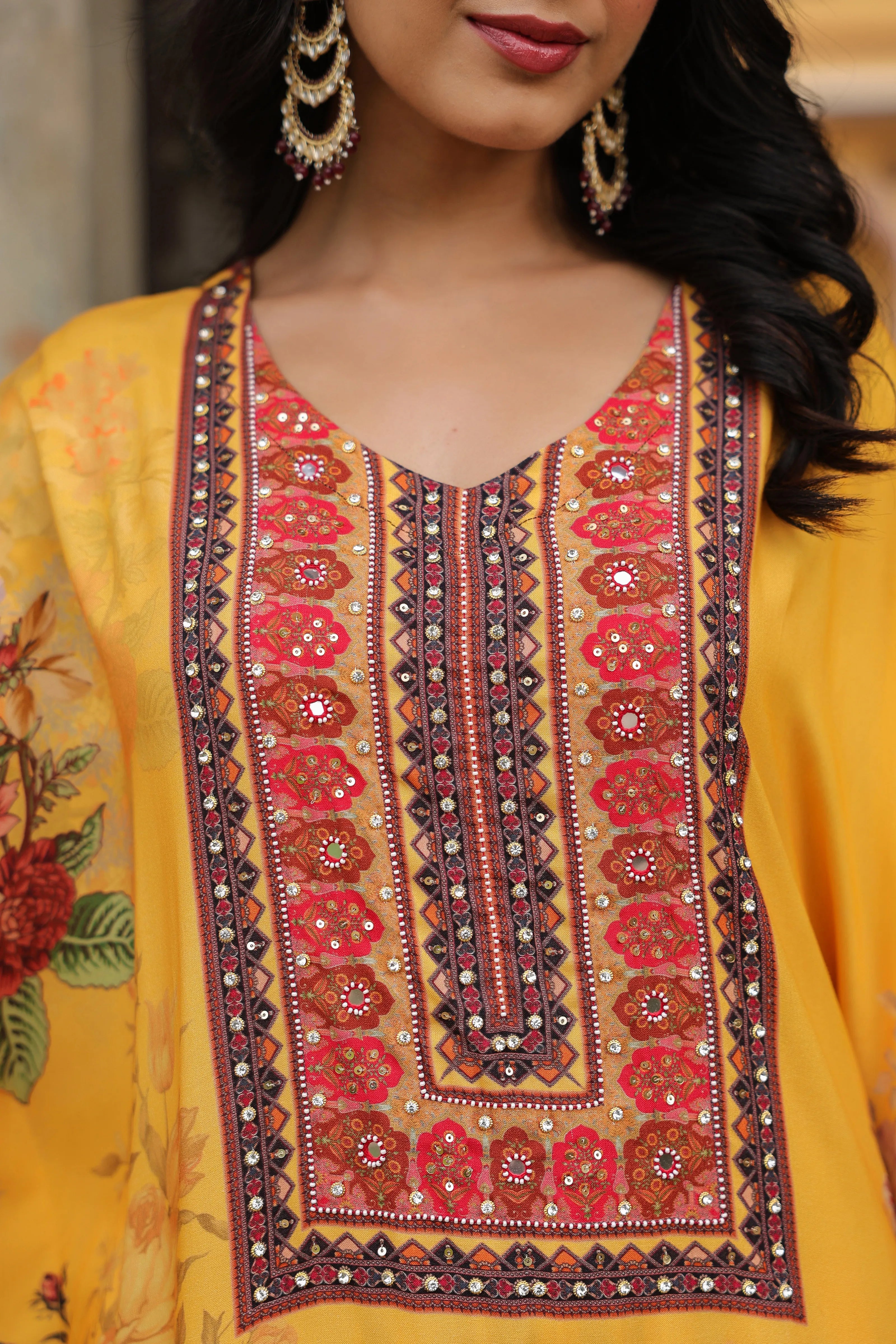Mustard Floral Mirror-Embroidered Kaftan Co-ord Set