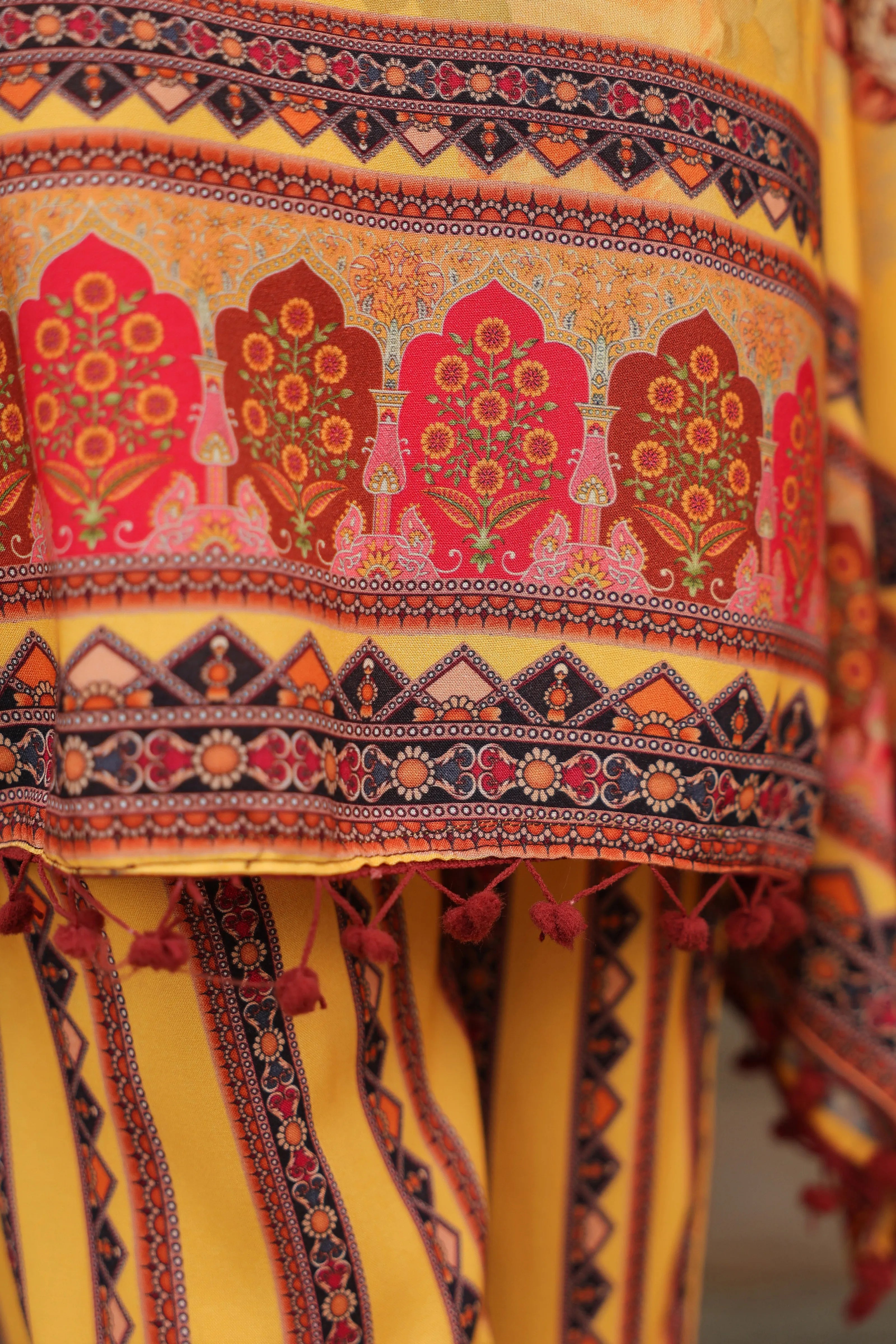 Mustard Floral Mirror-Embroidered Kaftan Co-ord Set