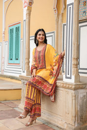 Mustard Floral Mirror-Embroidered Kaftan Co-ord Set