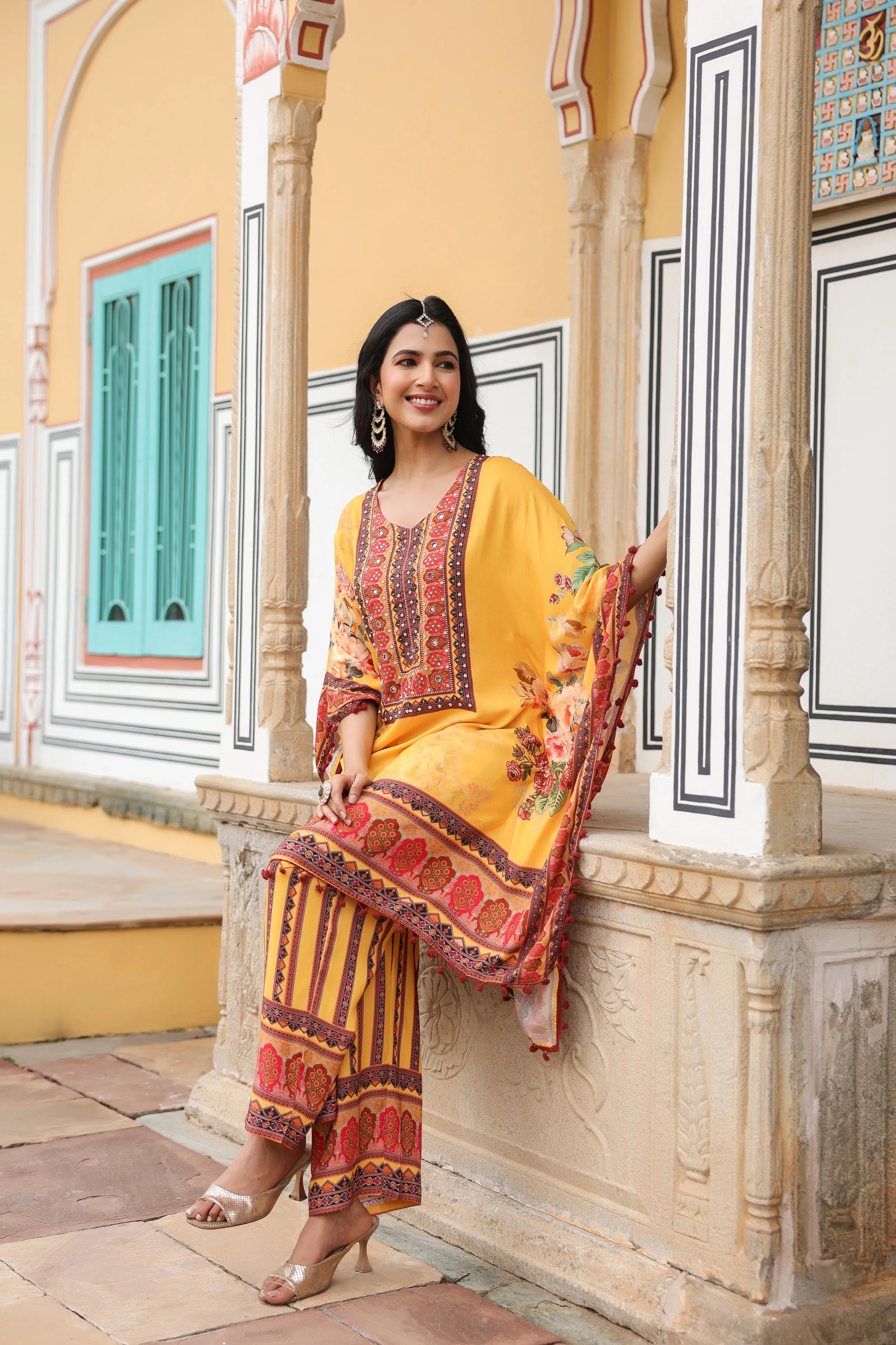 Mustard Floral Mirror-Embroidered Kaftan Co-ord Set