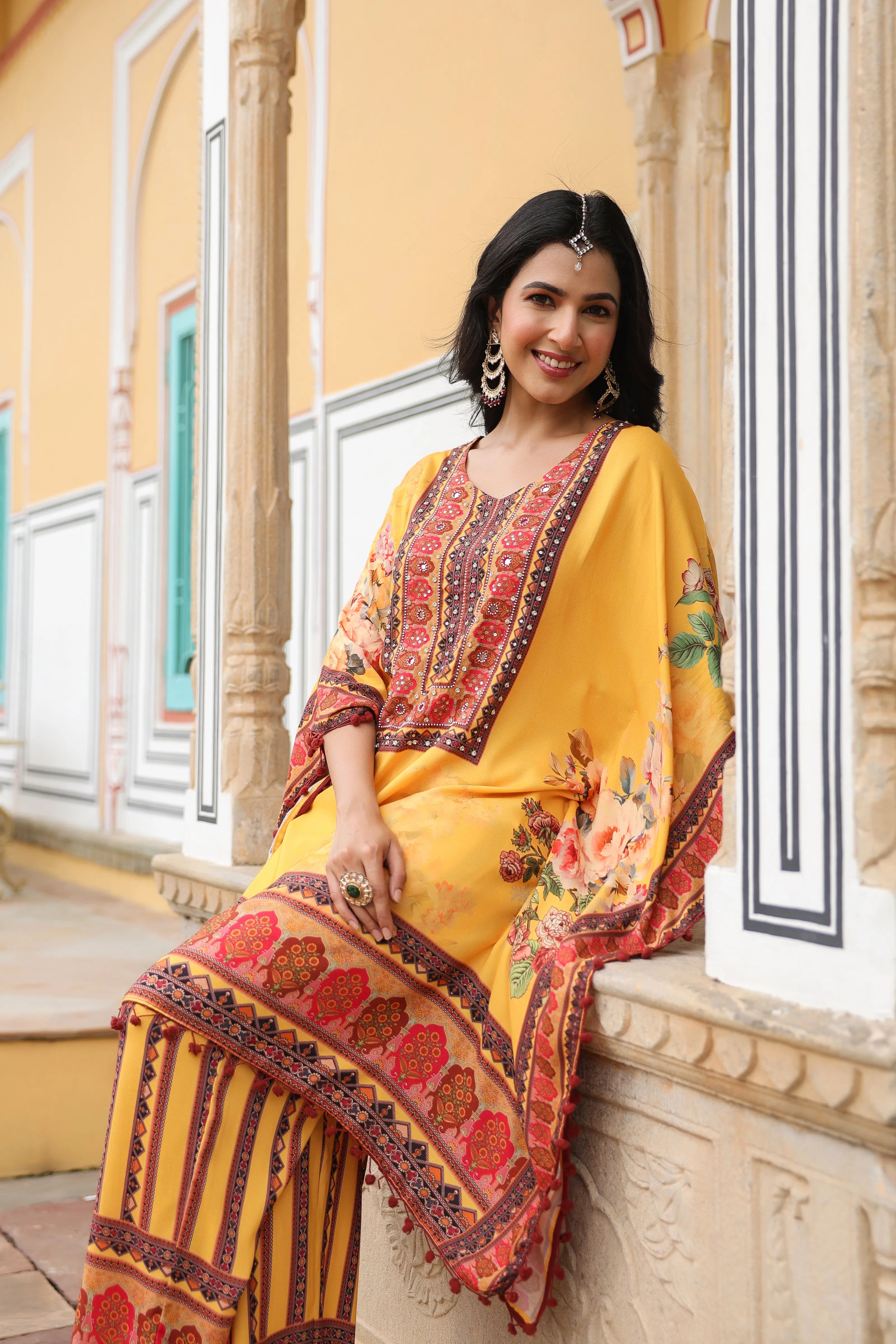 Mustard Floral Mirror-Embroidered Kaftan Co-ord Set