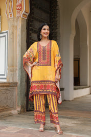 Mustard Floral Mirror-Embroidered Kaftan Co-ord Set