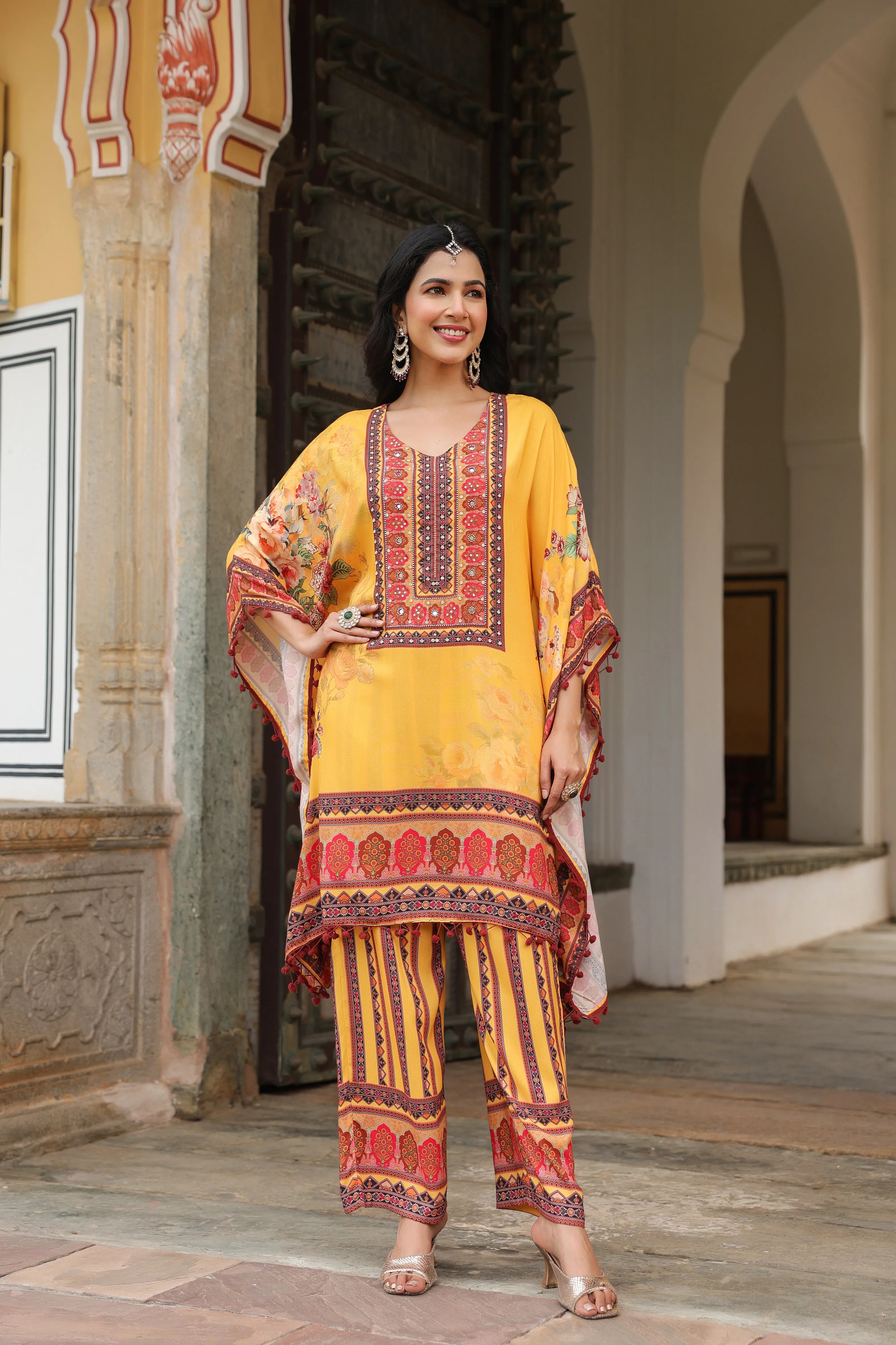 Mustard Floral Mirror-Embroidered Kaftan Co-ord Set