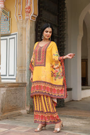 Mustard Floral Mirror-Embroidered Kaftan Co-ord Set