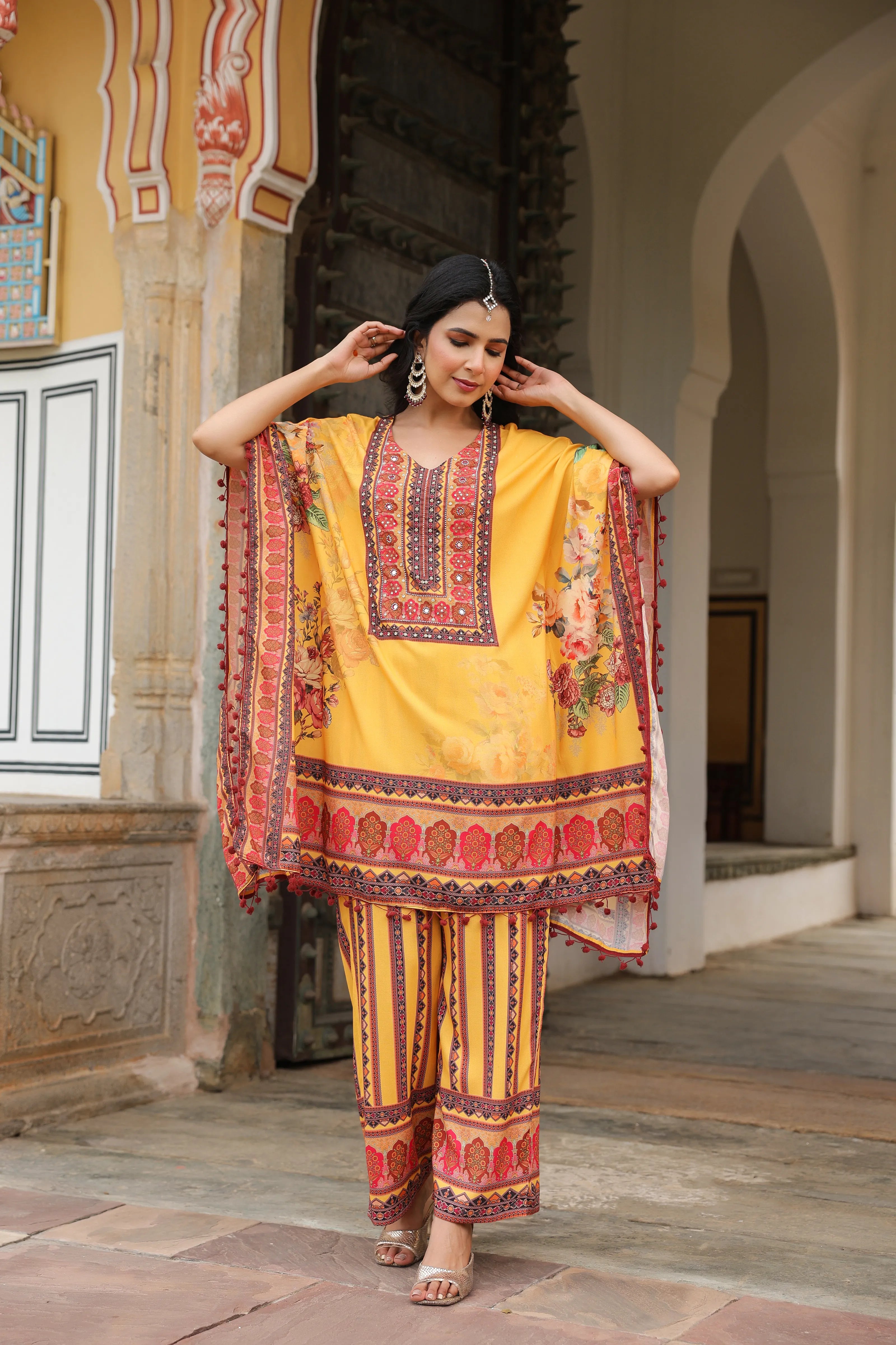 Mustard Floral Mirror-Embroidered Kaftan Co-ord Set