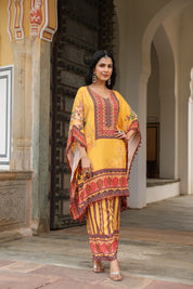 Mustard Floral Mirror-Embroidered Kaftan Co-ord Set