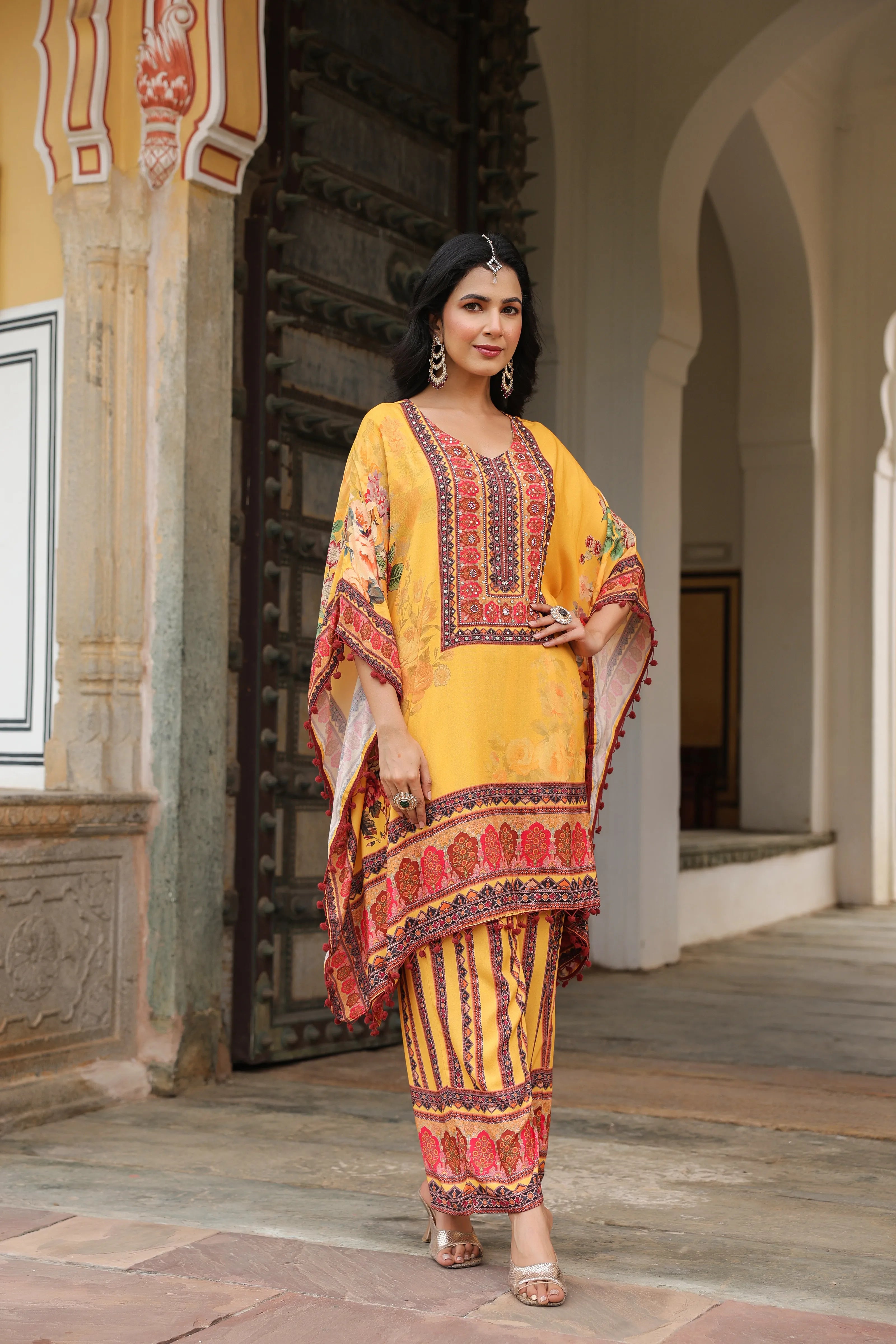 Mustard Floral Mirror-Embroidered Kaftan Co-ord Set