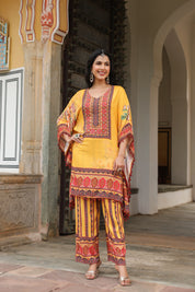Mustard Floral Mirror-Embroidered Kaftan Co-ord Set