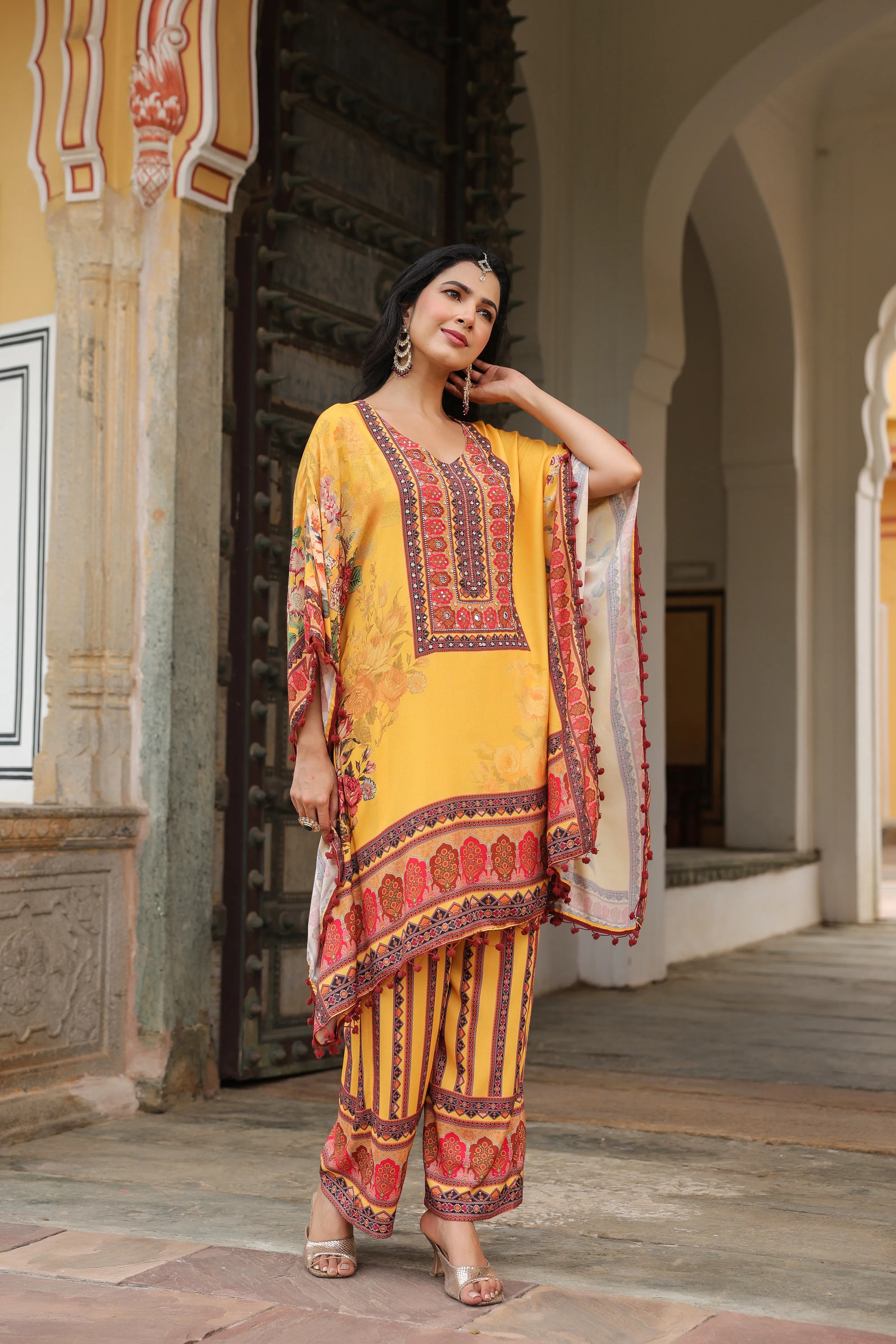 Mustard Floral Mirror-Embroidered Kaftan Co-ord Set