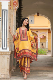 Mustard Floral Mirror-Embroidered Kaftan Co-ord Set