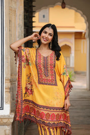 Mustard Floral Mirror-Embroidered Kaftan Co-ord Set