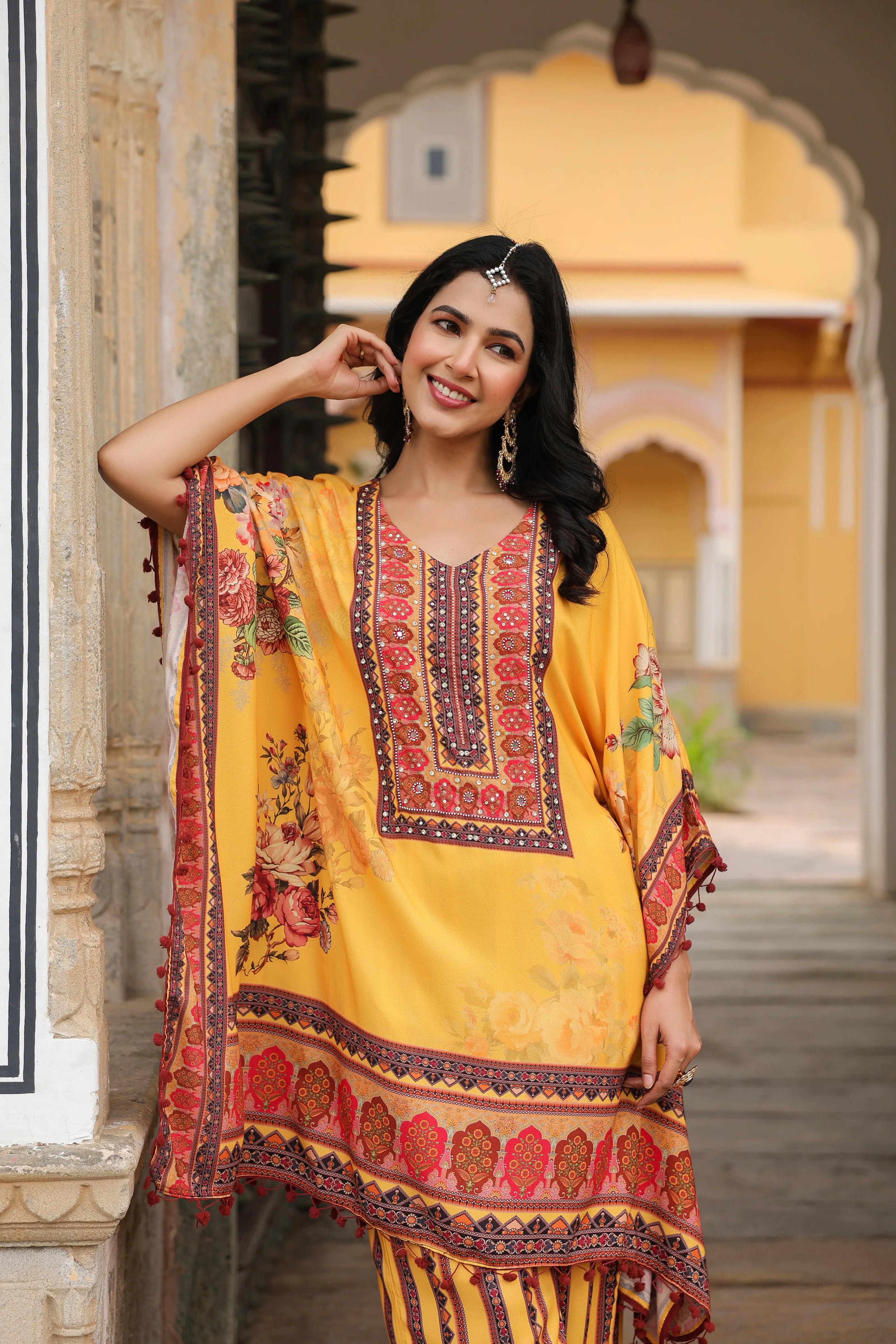 Mustard Floral Mirror-Embroidered Kaftan Co-ord Set