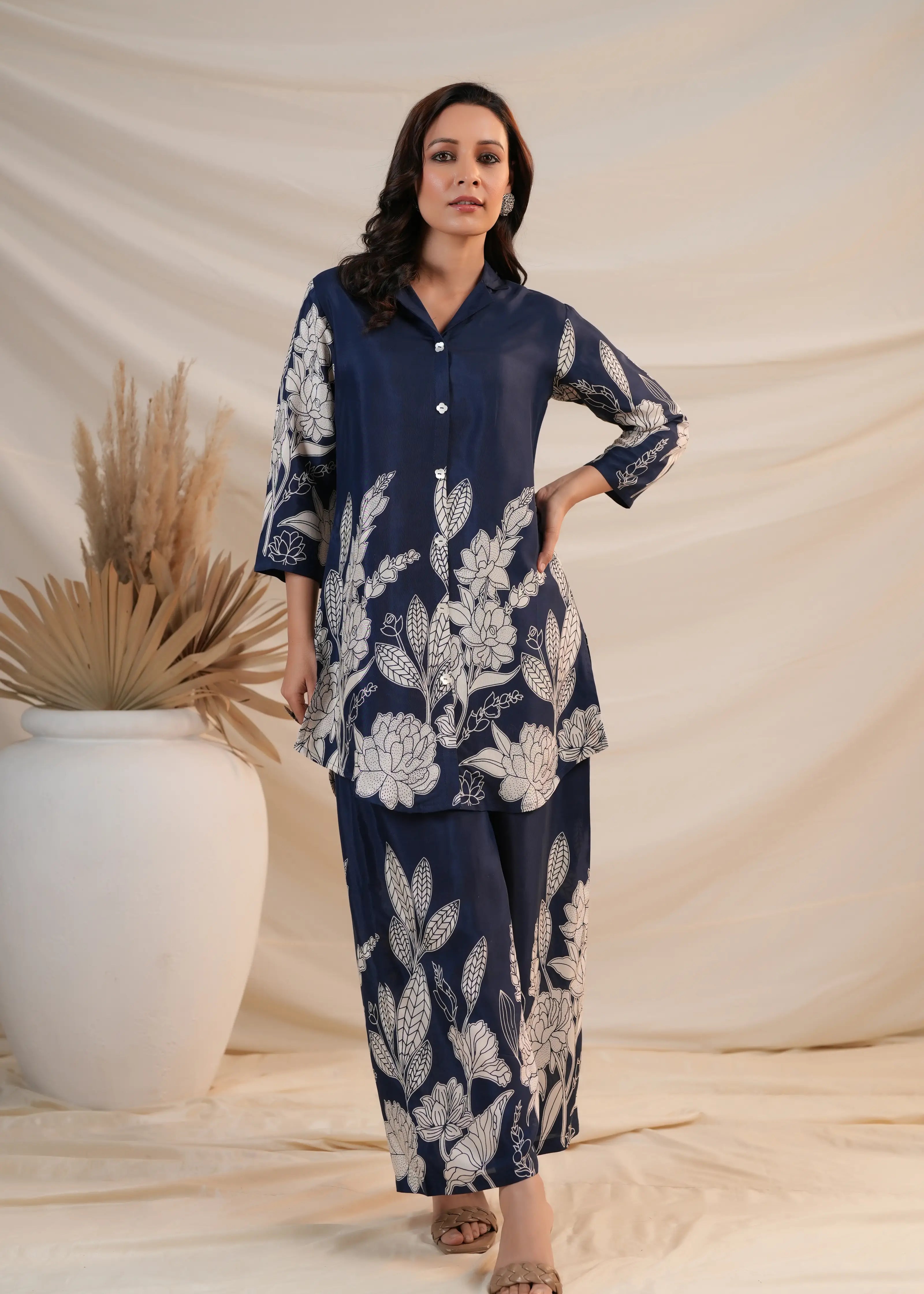 Royal Blue Floral Printed Russian Silk Co-Ord Set with Shell Button Embellishments