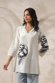 White Base & Grey Stitch Placement Flower Patch Russian Silk Top