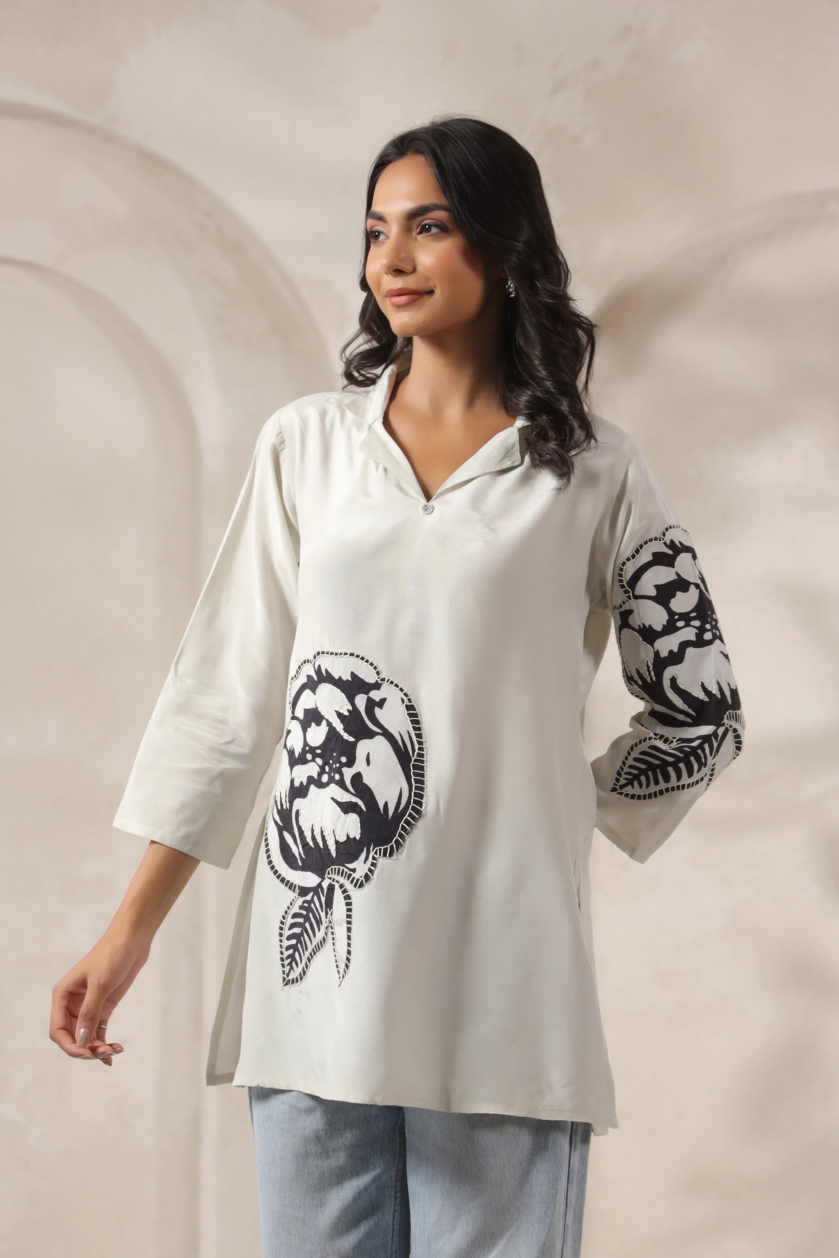 White Base & Grey Stitch Placement Flower Patch Russian Silk Top