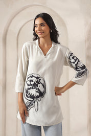 White Base & Grey Stitch Placement Flower Patch Russian Silk Top