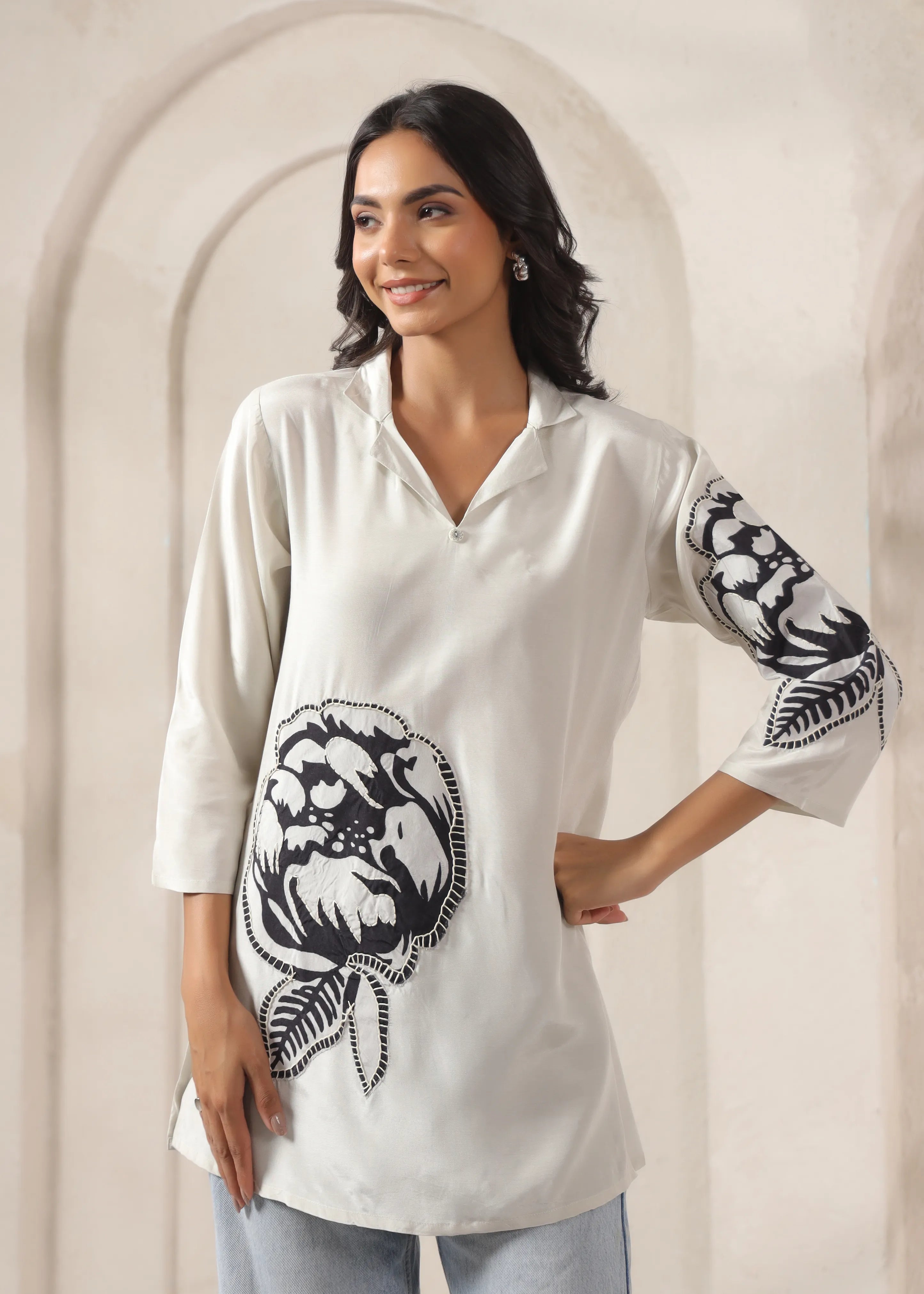 White Base & Grey Stitch Placement Flower Patch Russian Silk Top