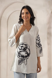 White Base & Grey Stitch Placement Flower Patch Russian Silk Top