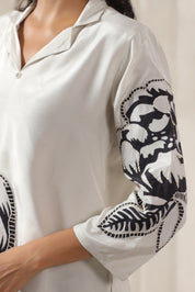 White Base & Grey Stitch Placement Flower Patch Russian Silk Top