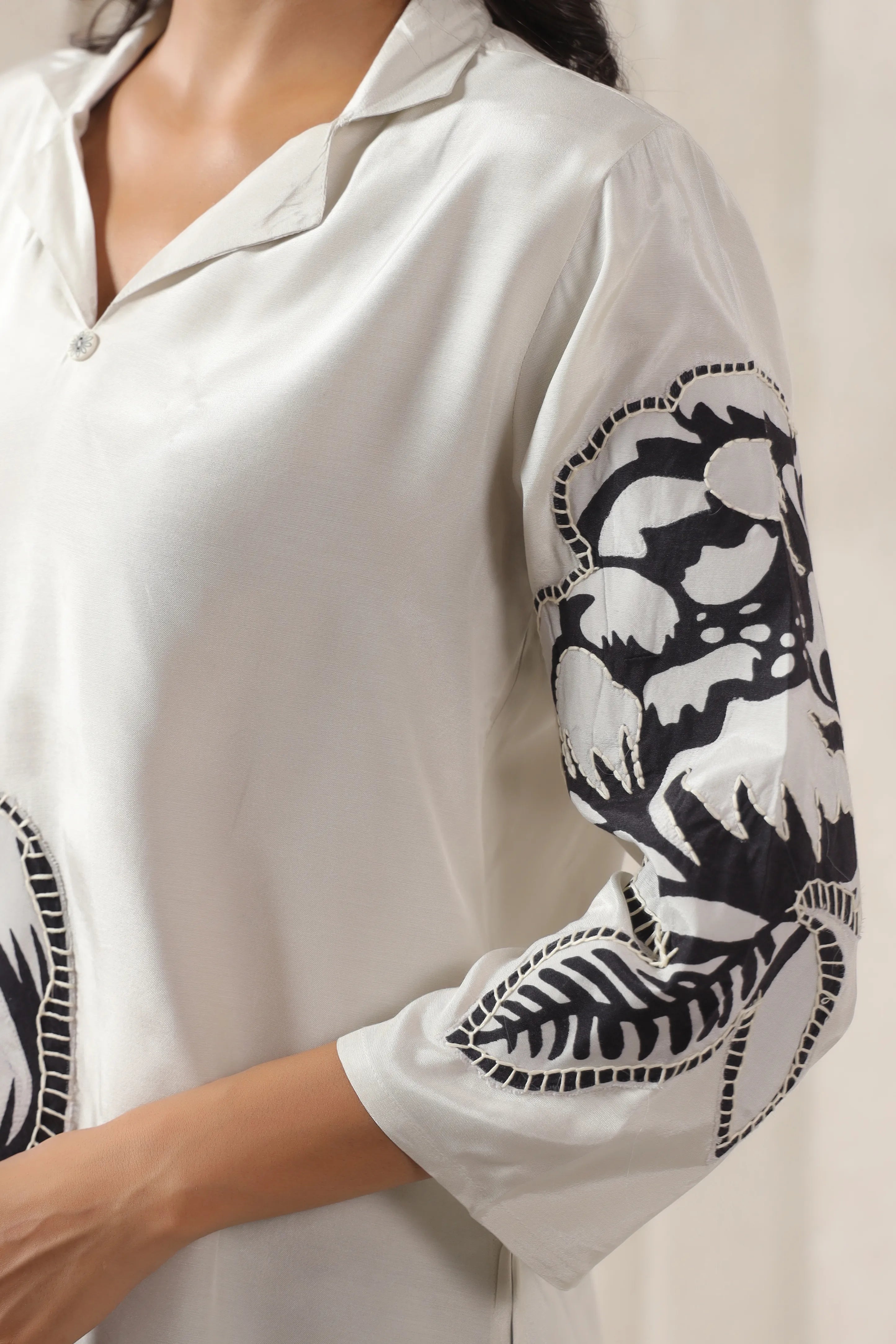 White Base & Grey Stitch Placement Flower Patch Russian Silk Top