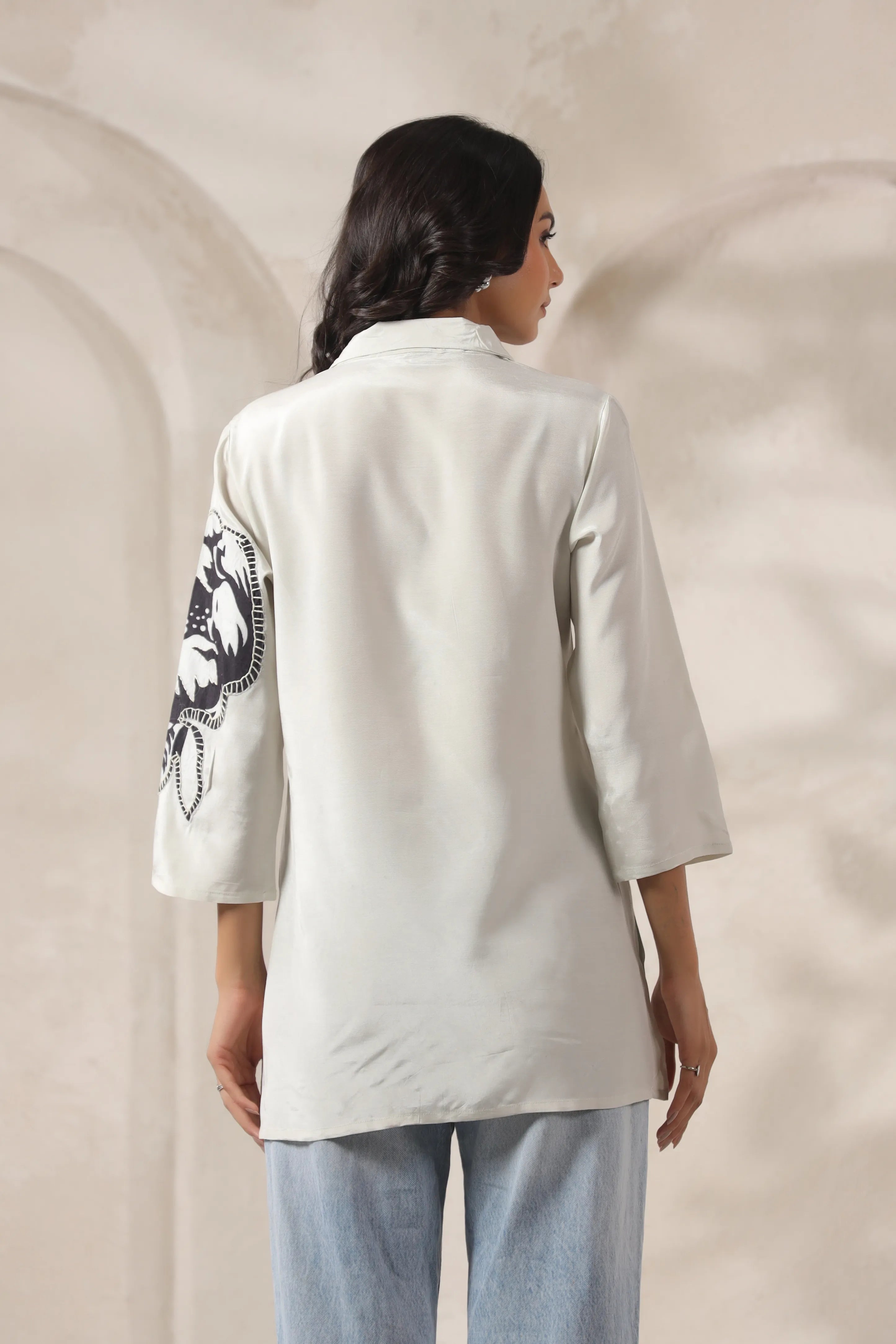 White Base & Grey Stitch Placement Flower Patch Russian Silk Top