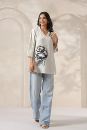 White Base & Grey Stitch Placement Flower Patch Russian Silk Top