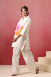 Ivory Big-Flower Embroidered Co-ord Set in Russian Silk