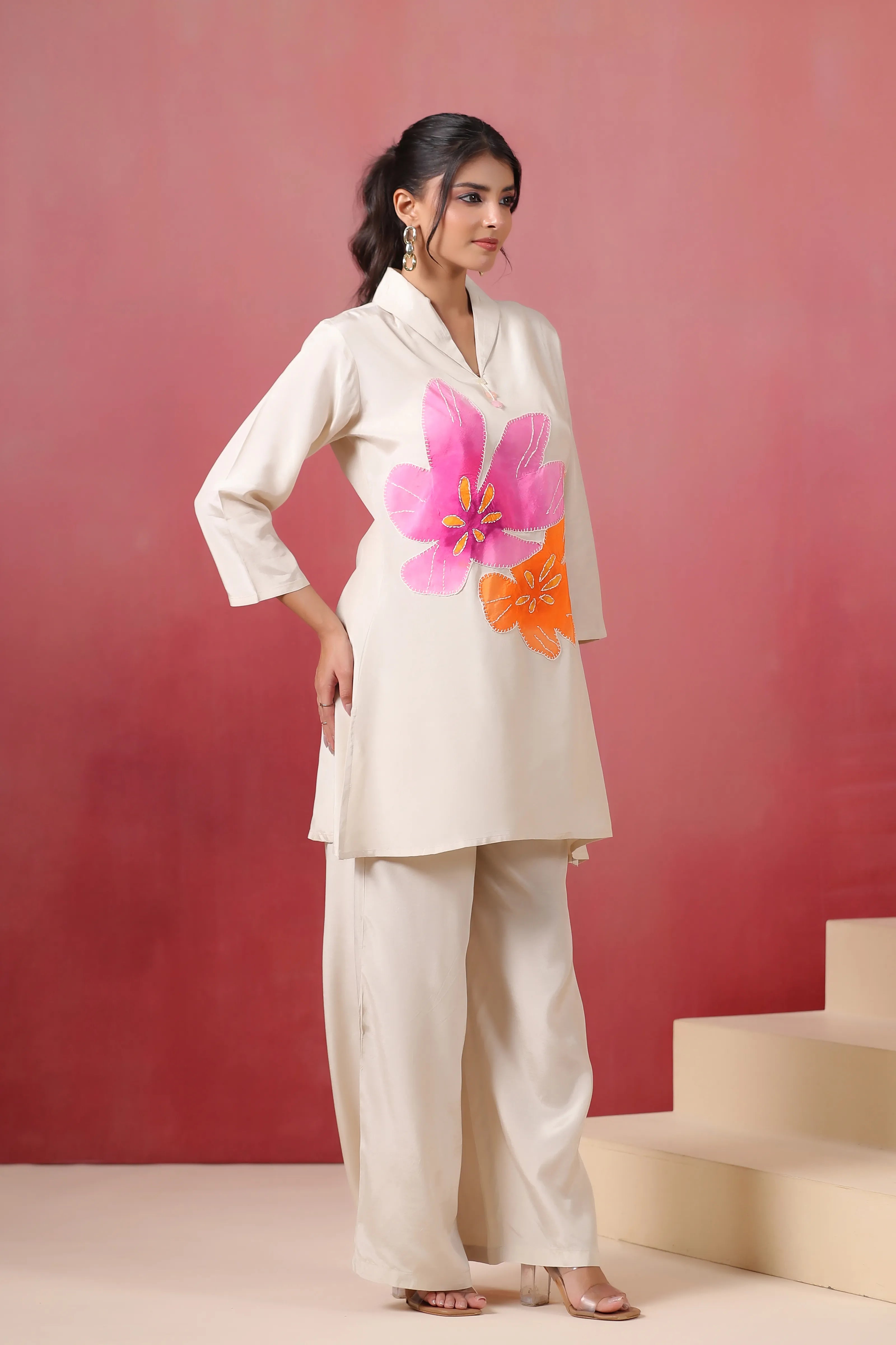 Ivory Big-Flower Embroidered Co-ord Set in Russian Silk