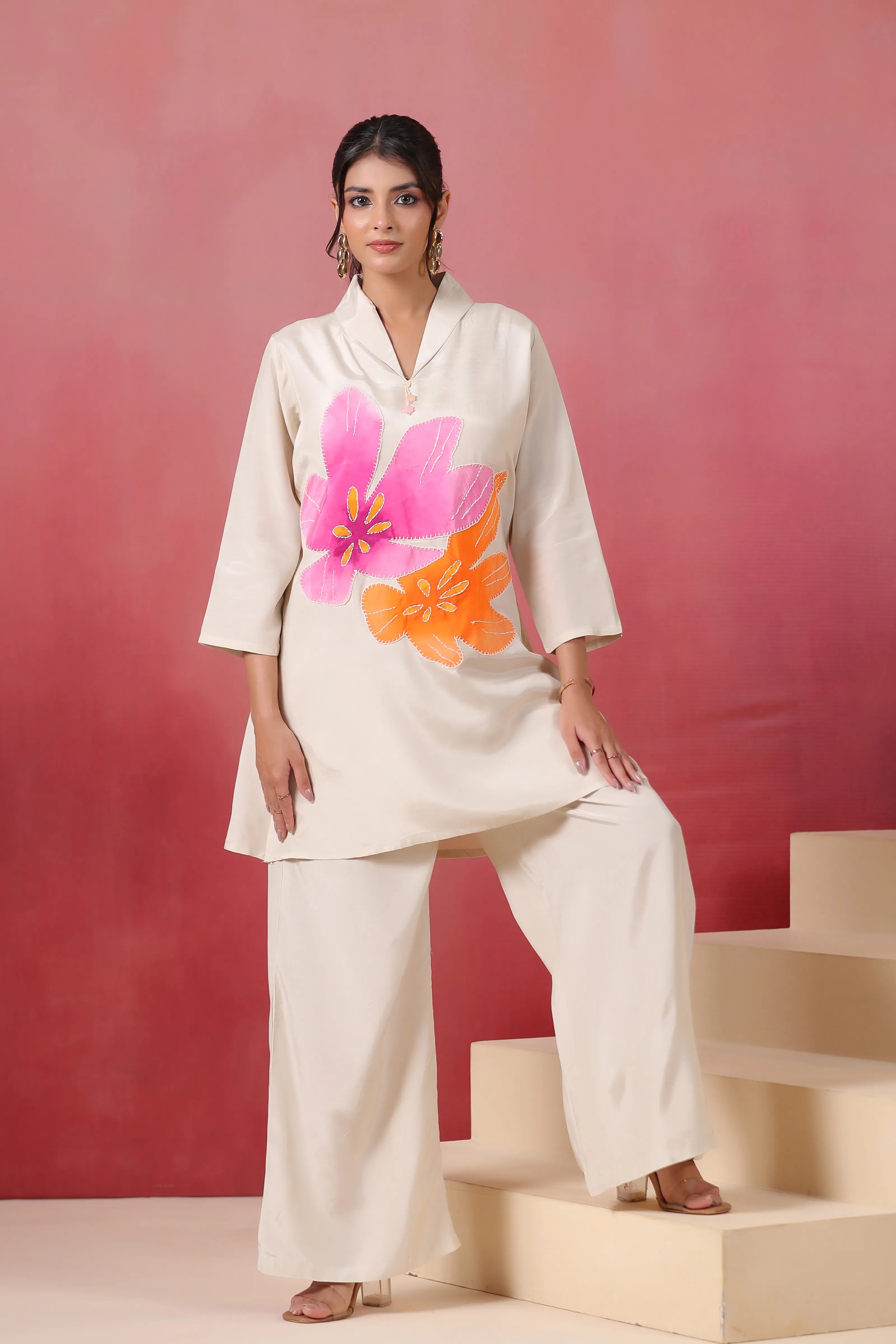 Ivory Big-Flower Embroidered Co-ord Set in Russian Silk