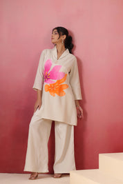 Ivory Big-Flower Embroidered Co-ord Set in Russian Silk