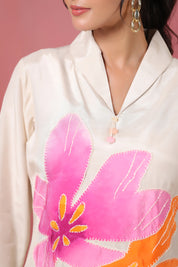 Ivory Big-Flower Embroidered Co-ord Set in Russian Silk