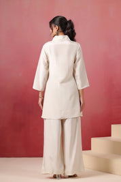 Ivory Big-Flower Embroidered Co-ord Set in Russian Silk