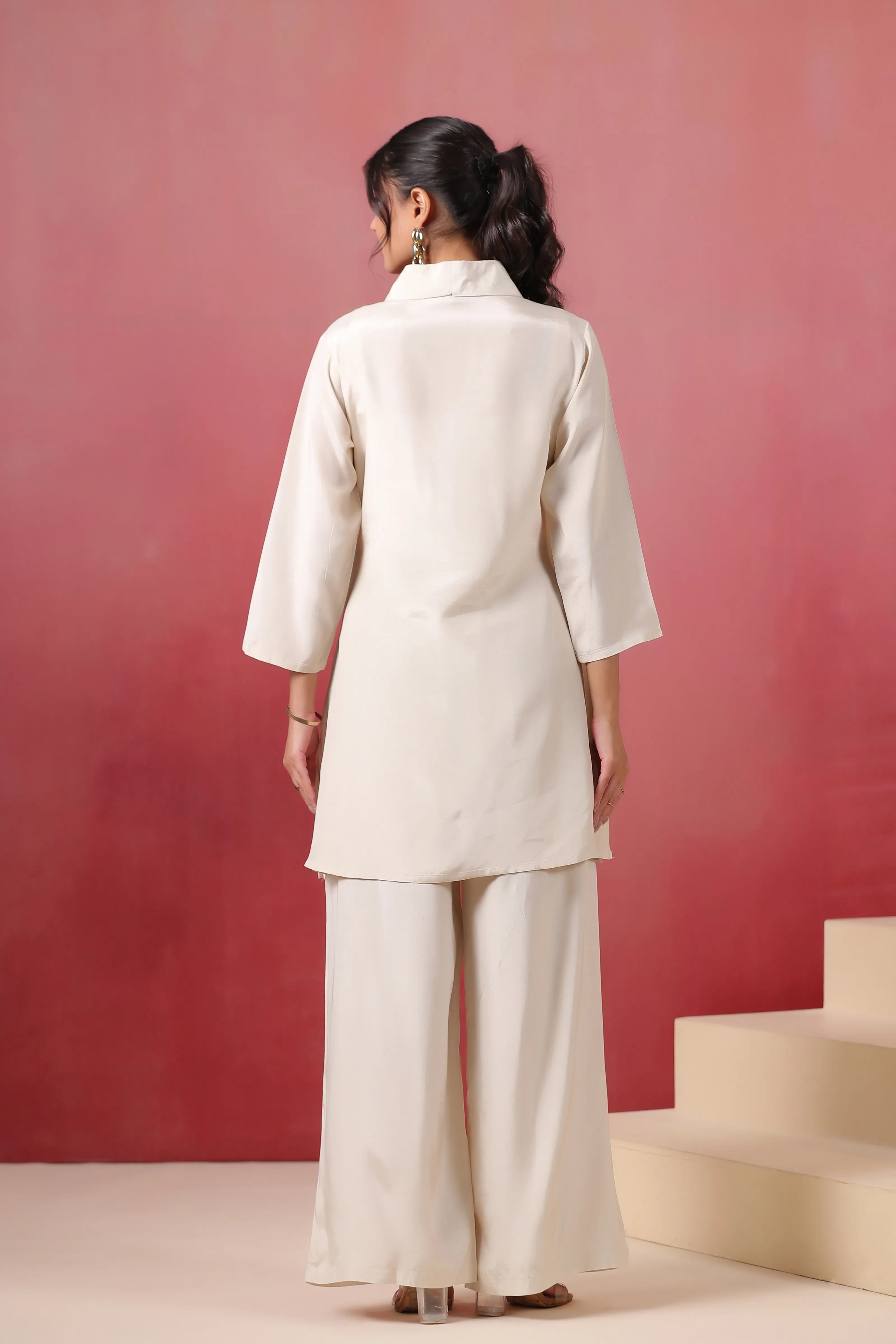 Ivory Big-Flower Embroidered Co-ord Set in Russian Silk