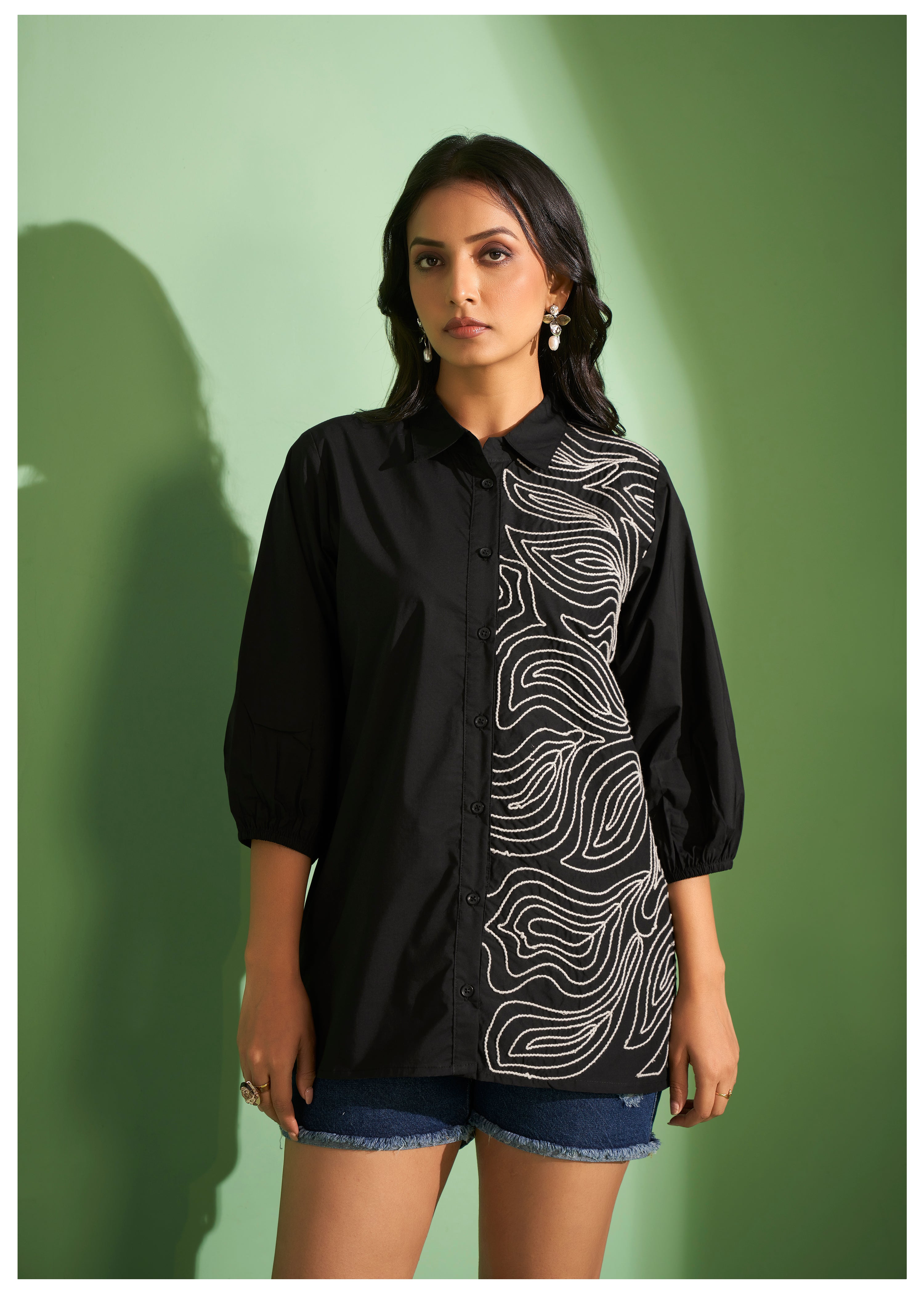 Black Cotton Poplin Shirt with Cord Embroidery