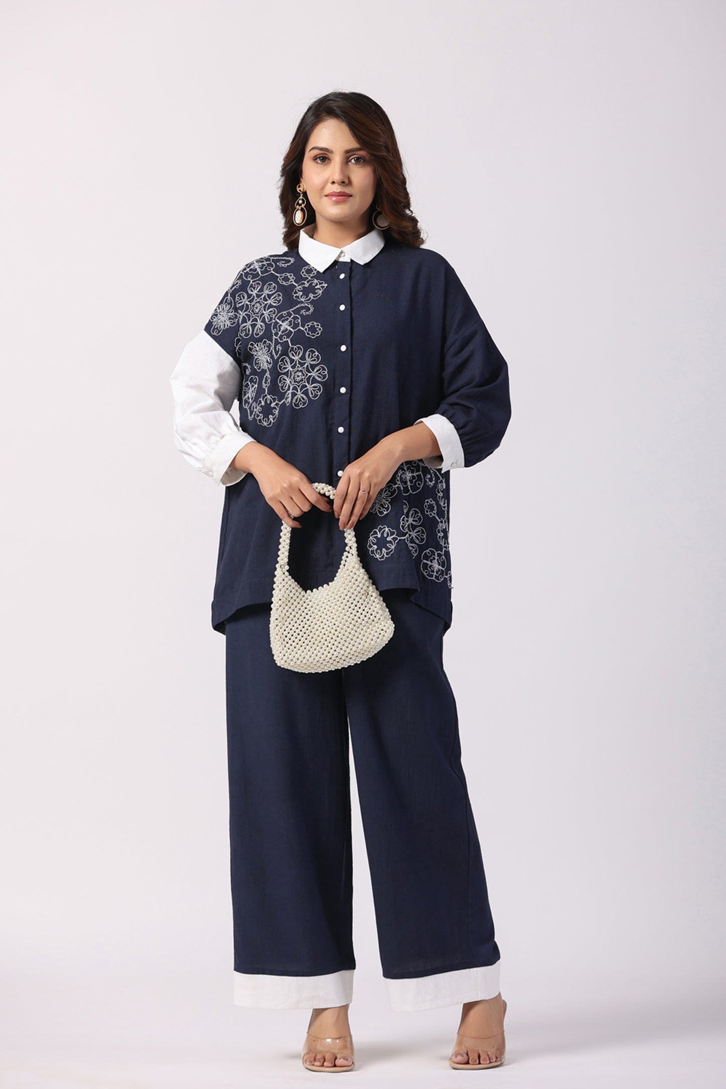 Navy Blue & White Embroidered Cotton Co-Ord set