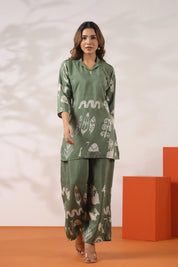 Sage Green Abstract Printed Co-ord Set in Russian Silk