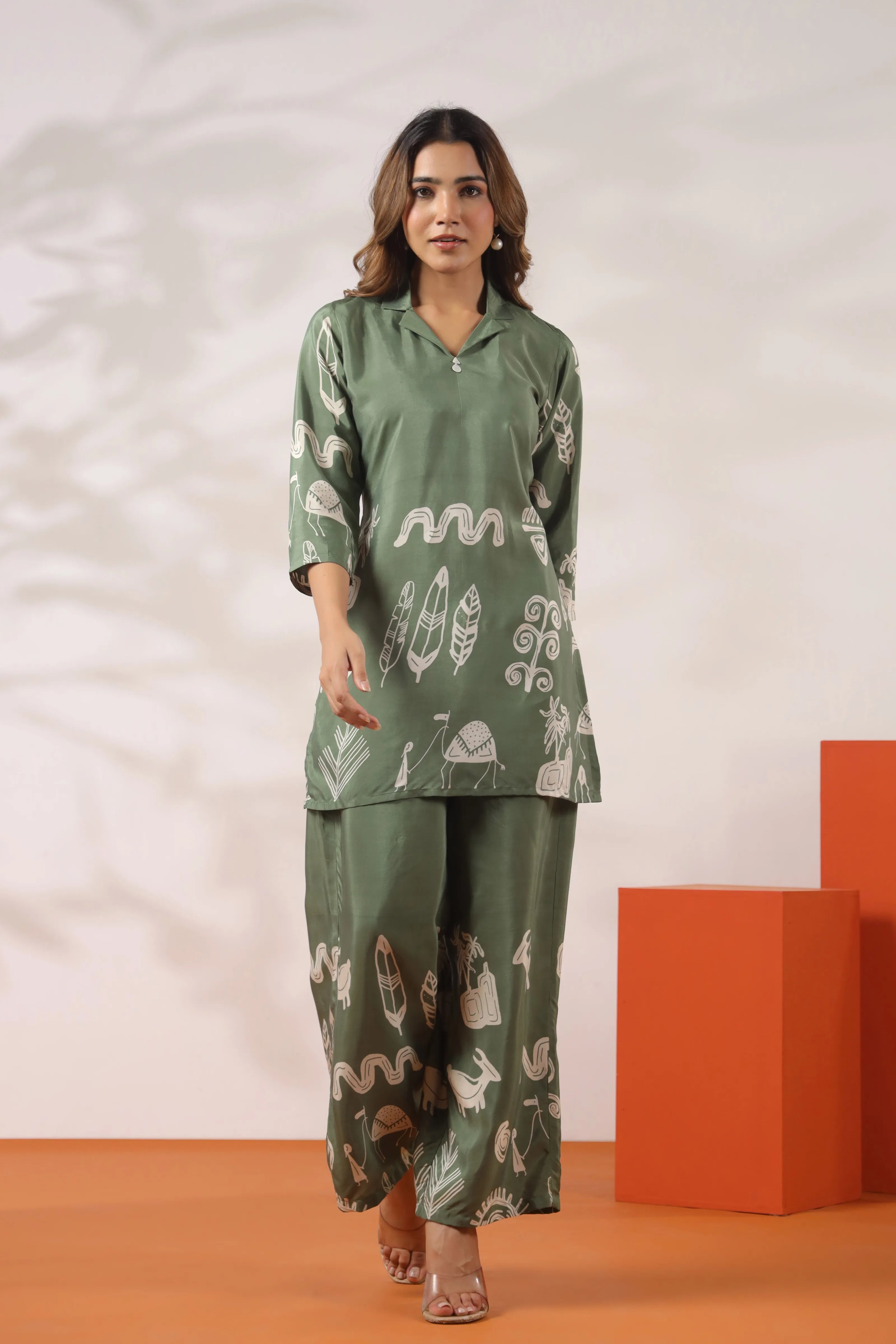 Sage Green Abstract Printed Co-ord Set in Russian Silk