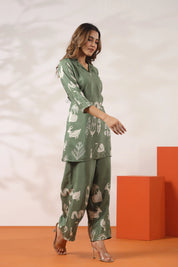 Sage Green Abstract Printed Co-ord Set in Russian Silk