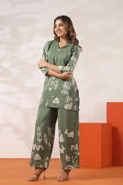 Sage Green Abstract Printed Co-ord Set in Russian Silk