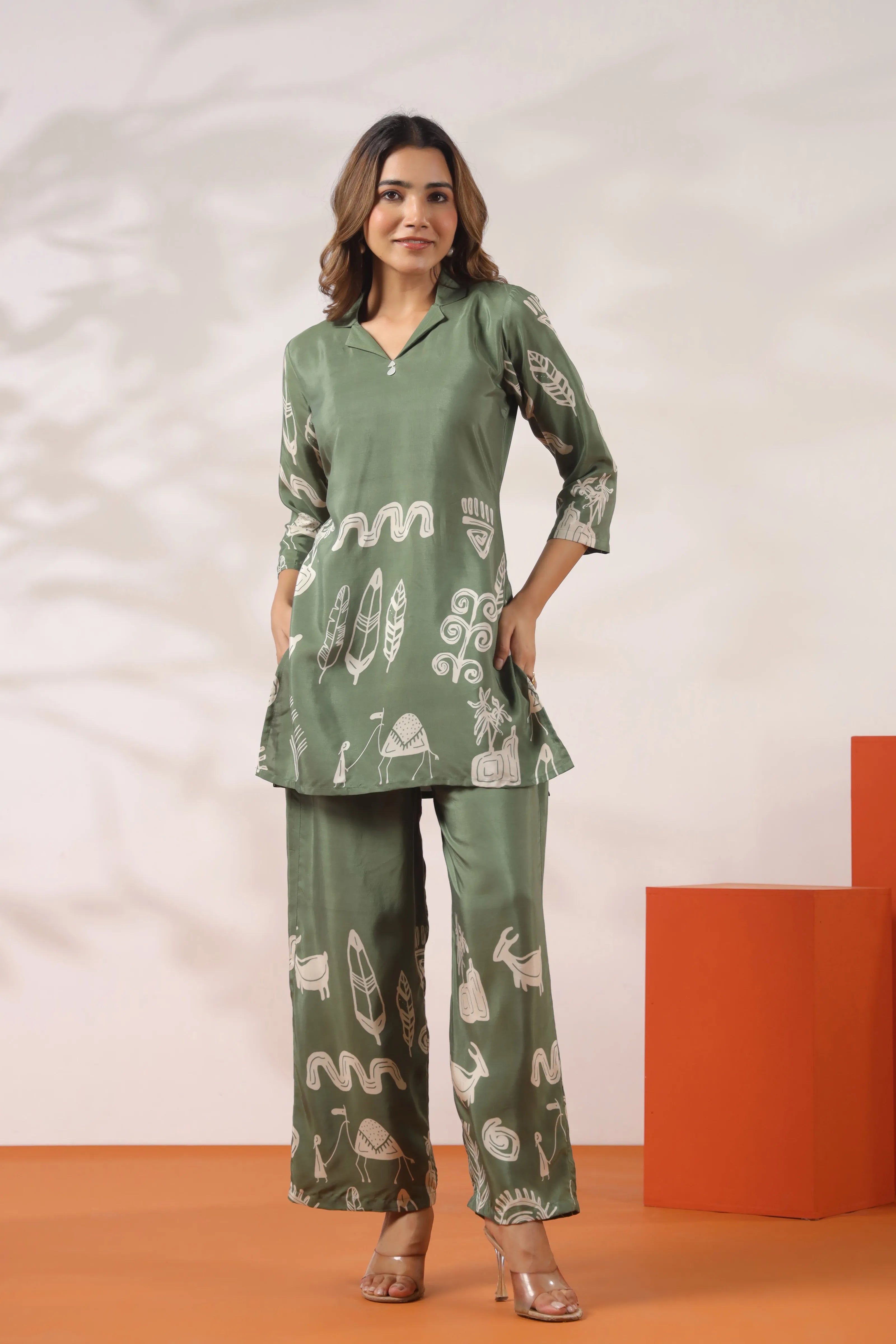 Sage Green Abstract Printed Co-ord Set in Russian Silk