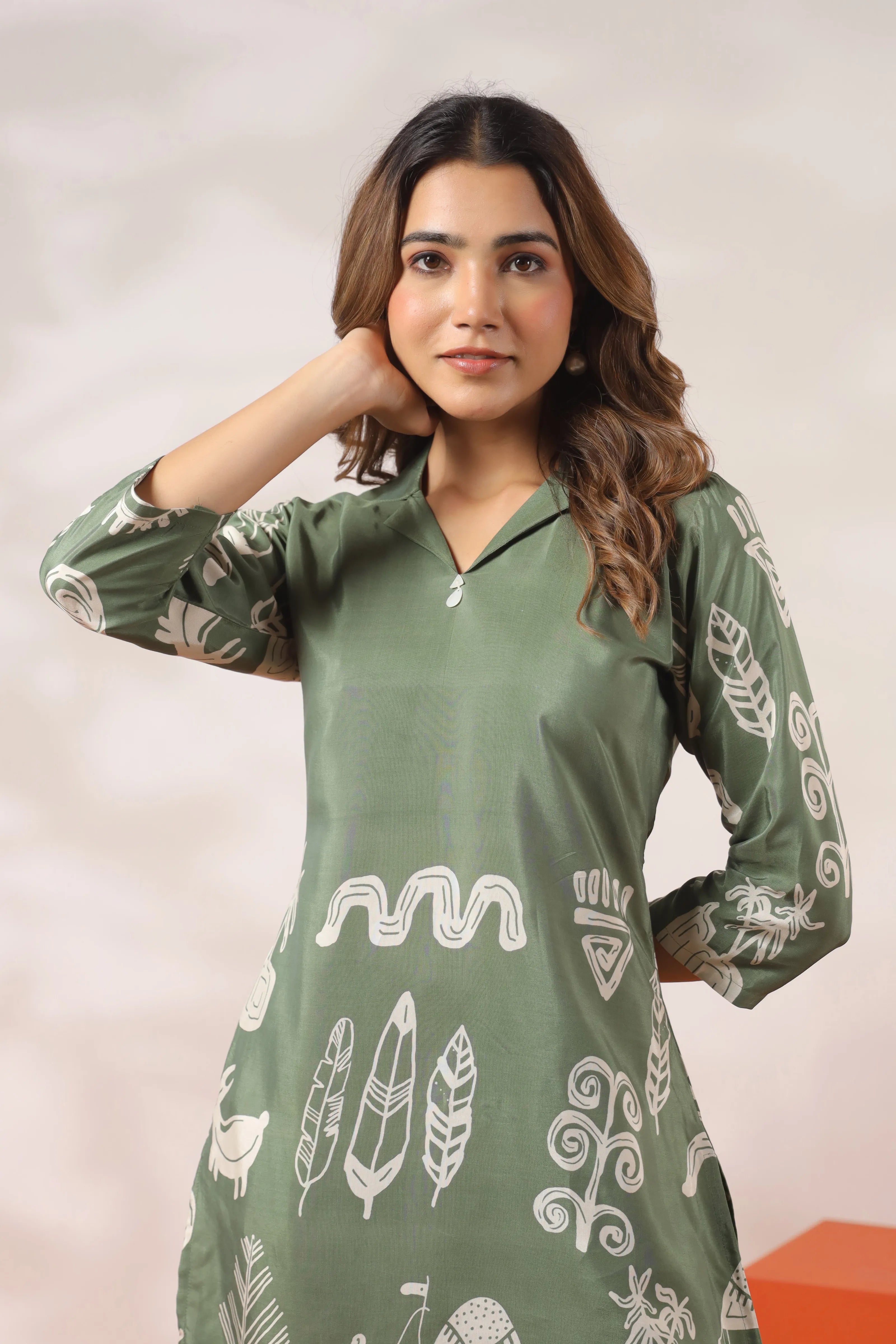 Sage Green Abstract Printed Co-ord Set in Russian Silk