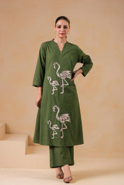 Emerald Base Flamingo Embroidered Cotton Kurta Set