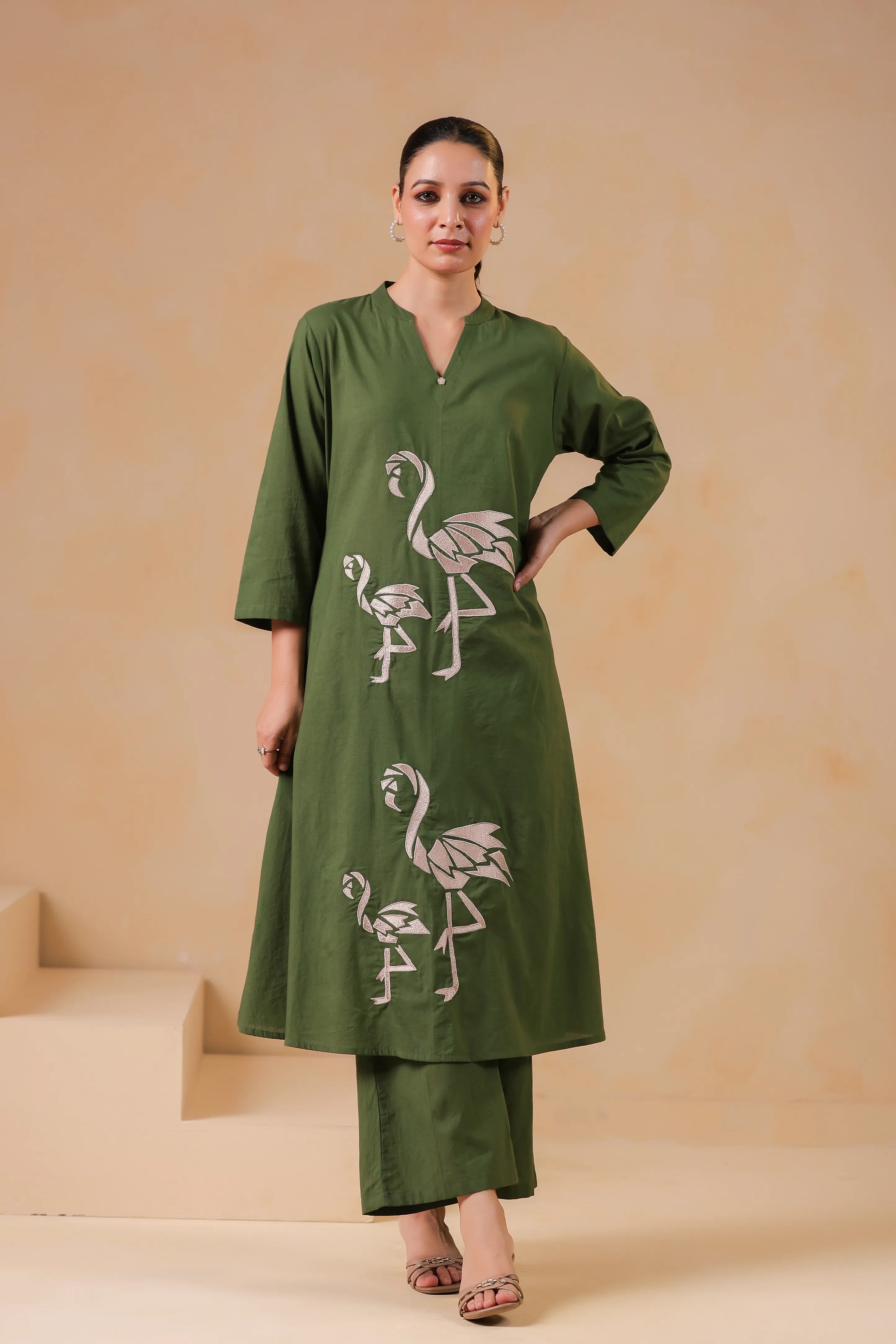 Emerald Base Flamingo Embroidered Cotton Kurta Set