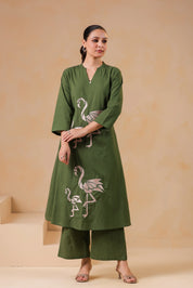 Emerald Base Flamingo Embroidered Cotton Kurta Set