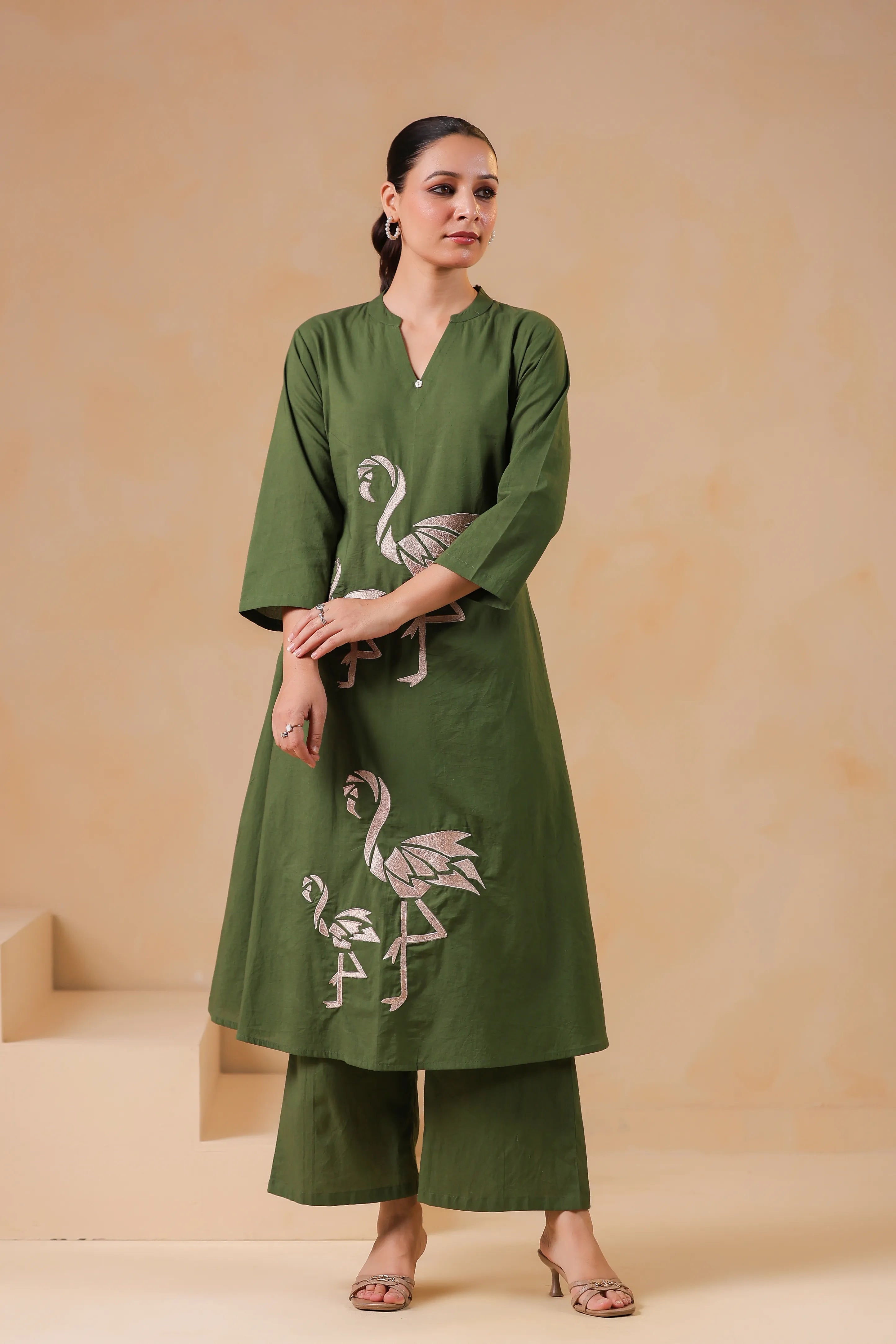 Emerald Base Flamingo Embroidered Cotton Kurta Set