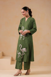 Emerald Base Flamingo Embroidered Cotton Kurta Set