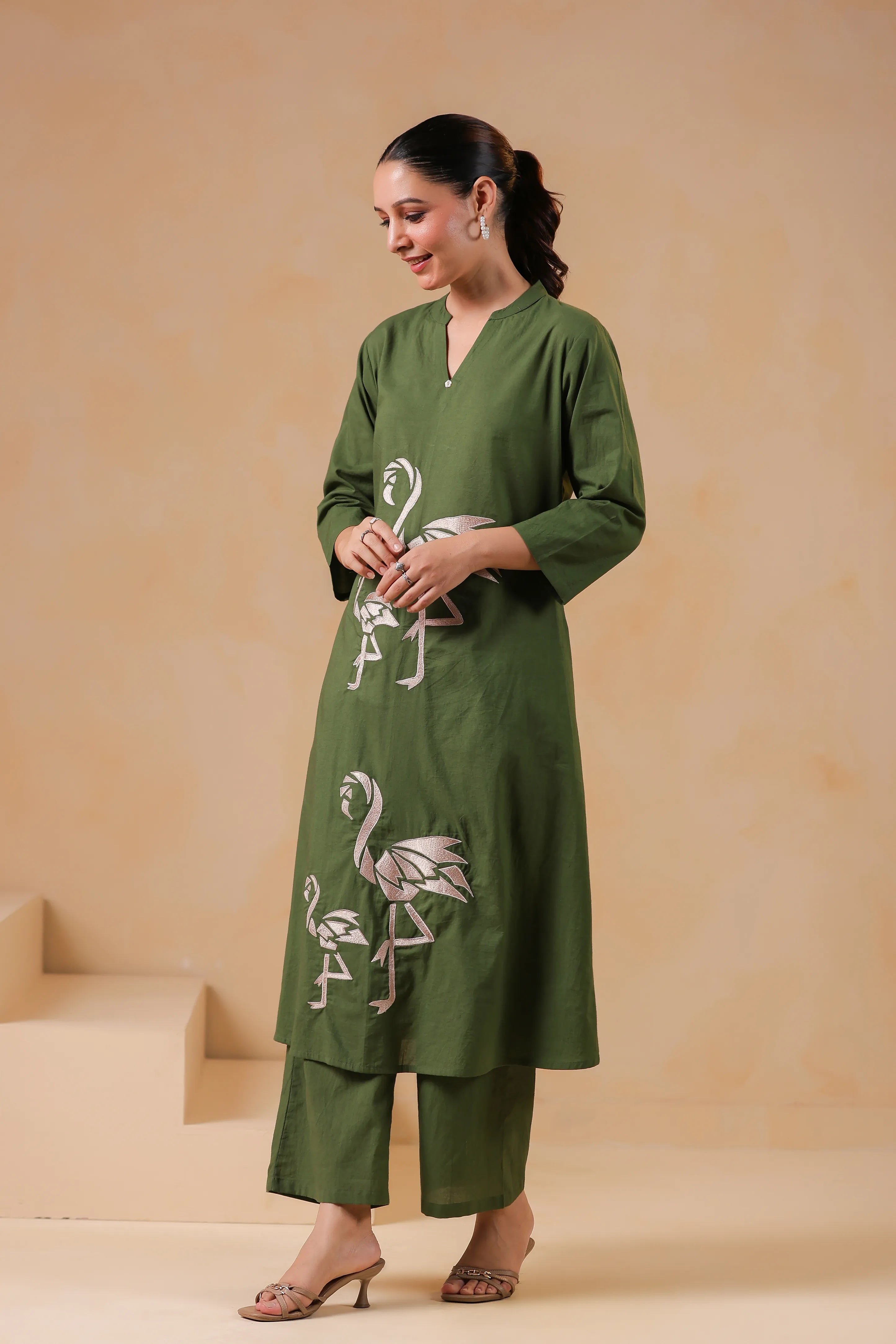 Emerald Base Flamingo Embroidered Cotton Kurta Set